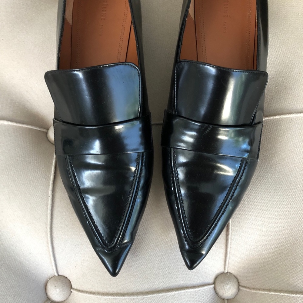 SOLD Celine Fall 2014 Pointed Toe Black Patent Loafer Flats 37.5 Old Celine Logo - Picture 2 of 12